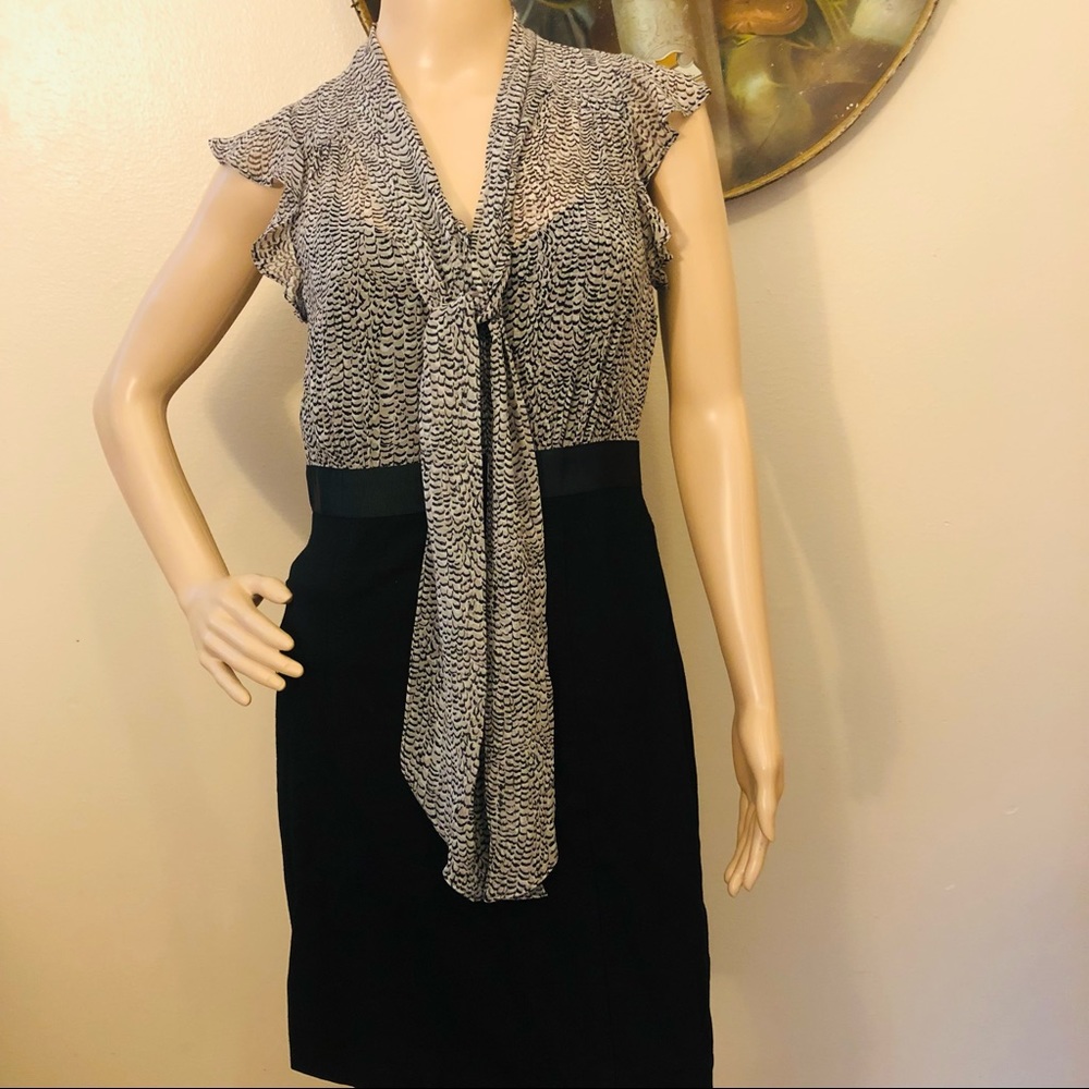 LOFT Mixed Media Tie Neck Dress Black Ivory Animal Print Size 0